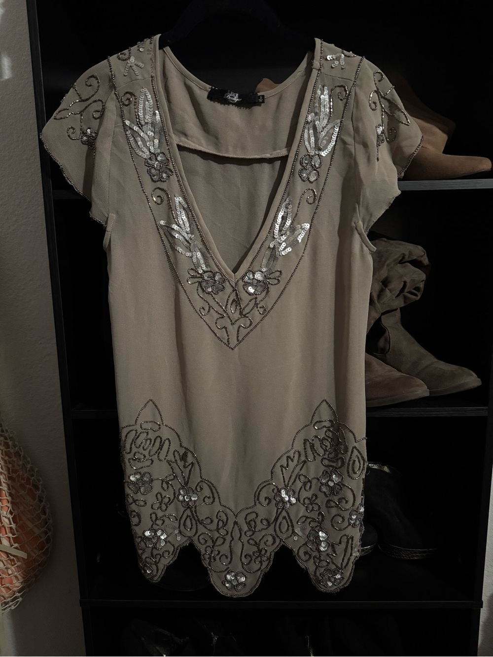 BKE Taupe Beaded V-Neck Flutter Sleeve Blouse